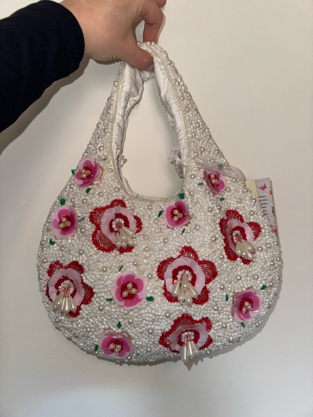 Embellished White Beaded Floral Shoulder Bag